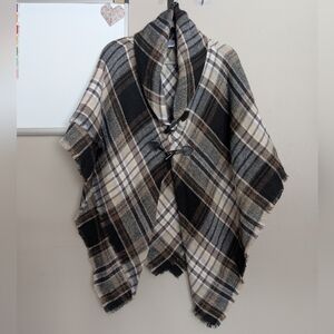 Plaid Shawl Poncho in Black, Brown & Cream - Cozy Layering Wrap